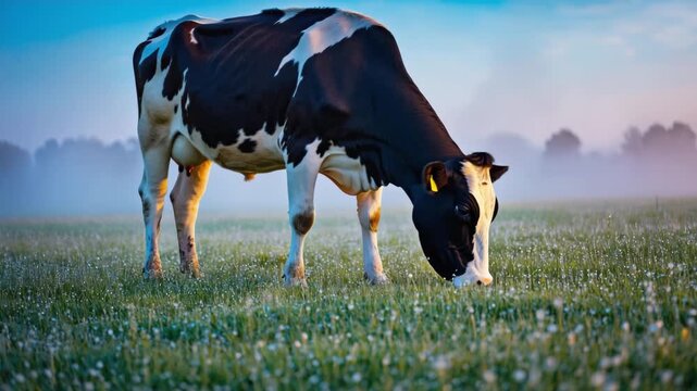 Kuh beim Grasen auf gr&uuml;ner Weide &ndash; l&auml;ndliche Idylle in der Natur