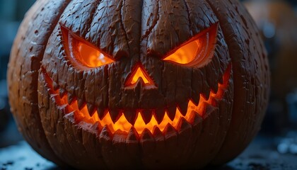 Illuminated jackolantern with a menacing grin glowing in the dark night