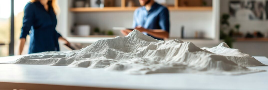 Two architects are analyzing a detailed, 3d printed model of a mountain range, possibly for urban planning, geological surveys, or architectural design