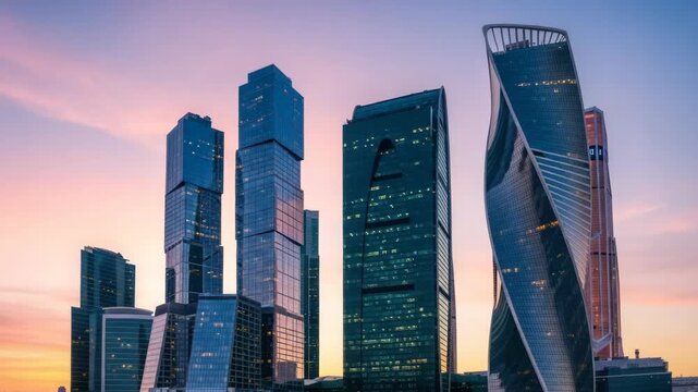 Modern skyscrapers against colorful sunset