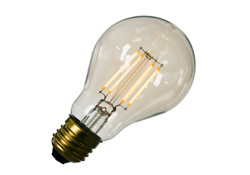 A close-up shot of a clear light bulb, showing intricate inner workings