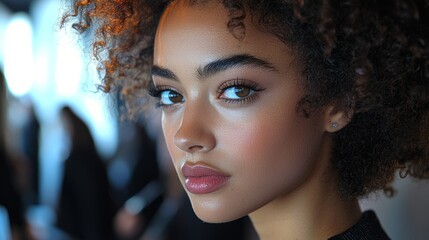 A makeup artist applying the finishing touches to a celebritys makeup backstage before their red carpet appearance