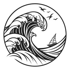 Black abstract wave and sailboat inside circle ocean