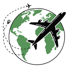 Black airplane flying around green earth with dashed flight path