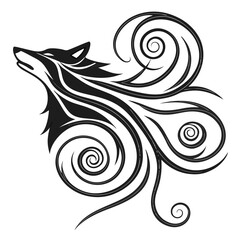Black abstract wolf head with swirling lines white