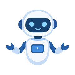 PrintA friendly and approachable AI robot chatbot character, depicted with a welcoming smile and open arms, inviting interaction. Rendered in clean, flat design 