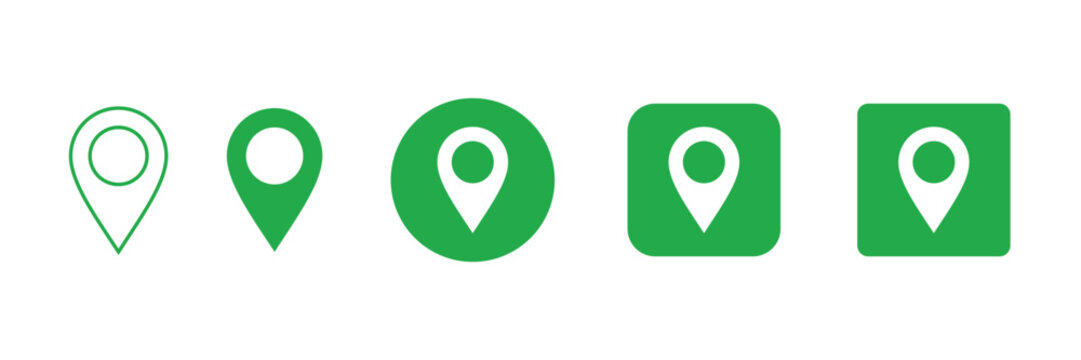 Collection of five green map pin location markers in different styles and shapes isolated on transparent background