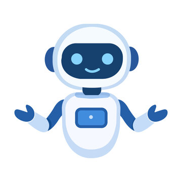 PrintA friendly and approachable AI robot chatbot character, depicted with a welcoming smile and open arms, inviting interaction. Rendered in clean, flat design 