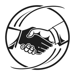 Black handshake graphic inside a circular frame agreement