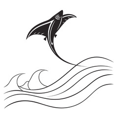 Black manta ray swimming over stylized waves stingray