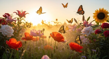 Sunrise garden with butterflies and flowers
