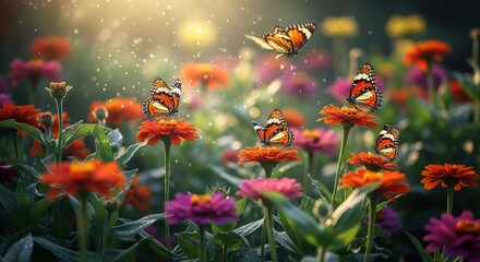Vibrant butterflies flit amongst colorful flowers in a lush garden, bathed in golden sunlight. Delicate wings dance amidst a profusion of blossoms.  A gentle rain shower adds a touch of magic