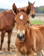 Close-up of a young, reddish-brown foal, looking directly at the camera.  Two other horses are slightly out of focus in the background