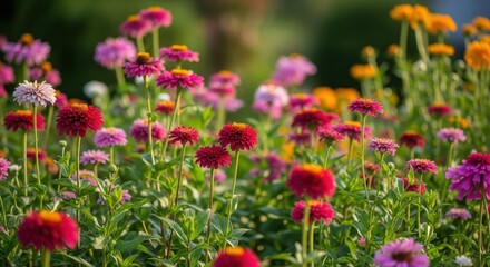 Vibrant flowerbed bursting with color.  A mix of  pink, red, orange, and yellow blooms.  Sunlit garden scene
