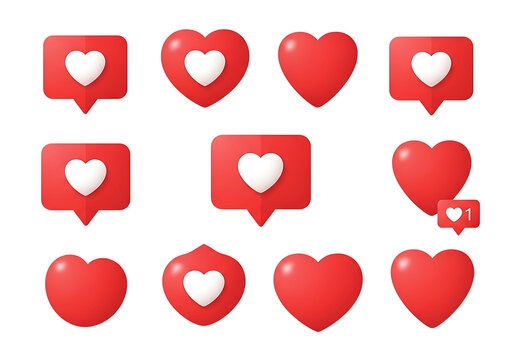 Red Hearts and Like Notification Icons isolated on a transparent background love social media