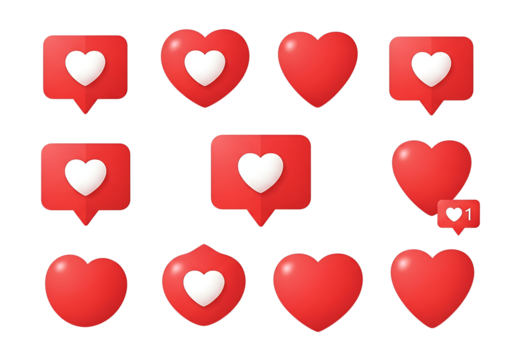 Red Hearts and Like Notification Icons isolated on a transparent background love social media
