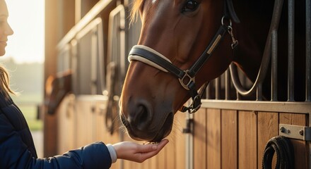 Woman feeding a horse in a stable.  Sunlight streams through the stalls, highlighting the brown horse's head and the woman's hand