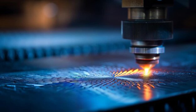 Closeup of a laser head positioned over a metal plate emitting a focused beam that creates a series of intricate patterns across the surface highlighting the advanced technology used