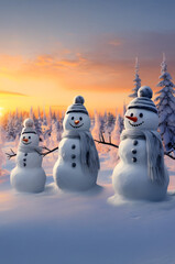 Obraz premium Group of snowmen on snow covered field in winter with spruce tree forest covered with snow in sunset.
