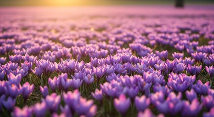 A vibrant field of crocuses at sunrise