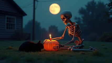 A quiet and atmospheric Halloween night scene of a skeleton carving a pumpkin on a lawn under a full moon. A sleeping black cat and a lit candle add to the peaceful, serene, and slightly spooky mood.