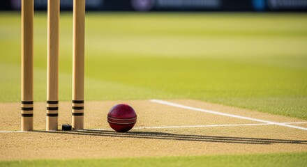Cricket ball rests near wickets on a vibrant green pitch