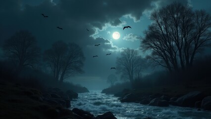 A dark and stormy Halloween night with a turbulent stream, thrashing trees, and bats struggling in the wind. A sliver of moon breaks through churning storm clouds, creating a dramatic and chaotic horr