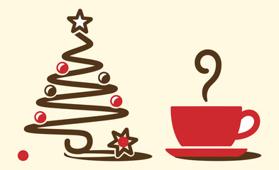 Creative Christmas Tree Made of Chocolate with Steaming Red Cup of Coffee or Cocoa – Cozy Winter Holiday Composition for Seasonal Food and Drink Background
