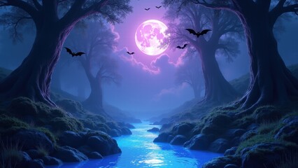 An ethereal, enchanted forest scene with a magical glowing blue stream and a large purple moon. Mystical bats and shimmering clouds create a unique, atmospheric fantasy landscape perfect for magical o