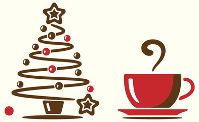 Creative Christmas Tree Made of Chocolate with Steaming Red Cup of Coffee or Cocoa – Cozy Winter Holiday Composition for Seasonal Food and Drink Background