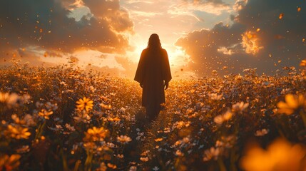 A minimalist image of Jesus standing in a field of flowers, with soft sunlight filtering through the clouds above, symbolizing the beauty and serenity of His message
