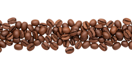 A horizontal line of roasted coffee beans, with rich brown tones, isolated on white or transparent background, AI