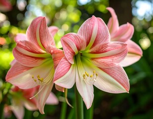 Fototapeta premium Close-up of three vibrant amaryllis flowers