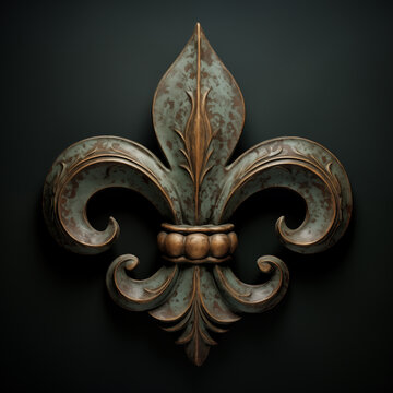 Photo realistic, 3D, Fleur de Lis, French, aged stone, moss, gold flecks, copper patina