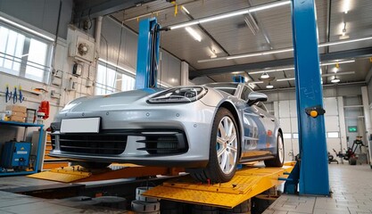 Electric car on hydraulic lift in modern auto repair workshop
 - Powered by Adobe