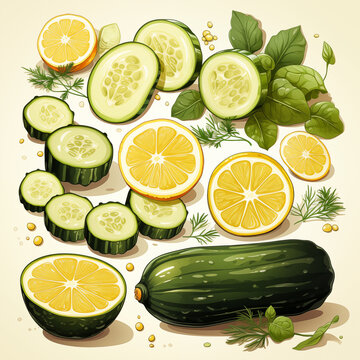 Slices of cucumber and lemon on a white background 