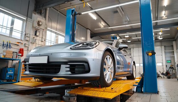 Electric car on hydraulic lift in modern auto repair workshop
