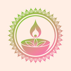 Traditional indian diya oil lamp with decorative mandala border