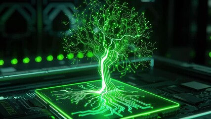 Futuristic tree neon green circuit board glowing light technology concept artificial intelligence digital art cyberpunk with microchip glowing roots - Powered by Adobe