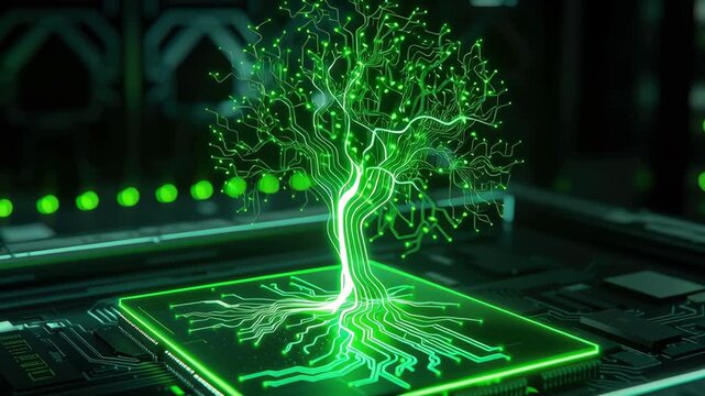 Futuristic tree neon green circuit board glowing light technology concept artificial intelligence digital art cyberpunk with microchip glowing roots