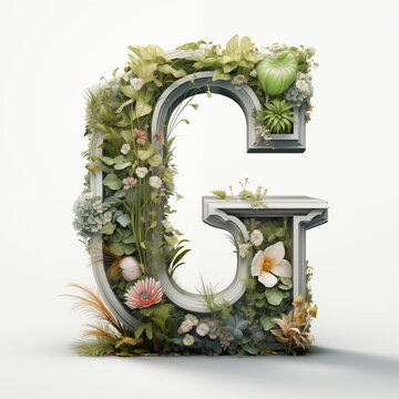 photo realistic, Capital serif G, Shadowbox 3D dimensional, gardening inside letter , white background