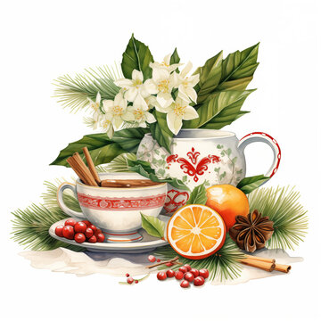 Holiday tea towel in a watercolor illustration style