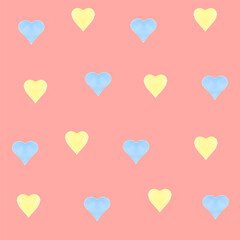 Soft seamless pattern with blue and yellow watercolor hearts on transparent background. Perfect for Valentine’s Day, romantic wrapping paper, wedding decor, kids fabric, and digital projects.