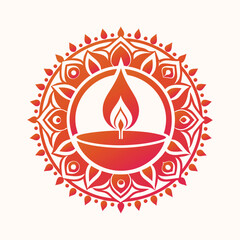 Traditional indian diya lamp illuminated within a decorative mandala pattern