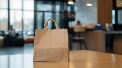 Isolated brown paper bag stands prominently on a table. The background features blurred figures in a modern, brightly lit setting, suggesting a delivery.