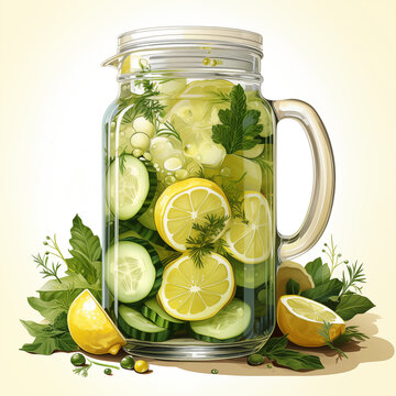 Pitcher of infused water with lemons and cucumbers on a white background