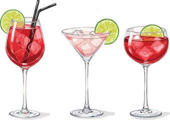 Cocktail glasses with lime garnish, red and pink drinks, ice cubes, wine martini styles, beverage illustration, bar menu design