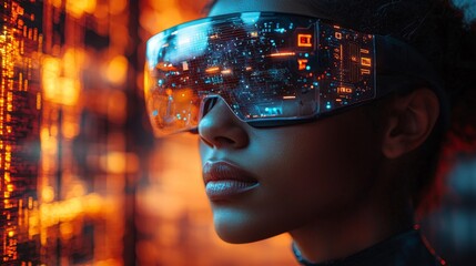 A person wearing augmented reality glasses, interacting with a holographic interface in a high-tech urban environment