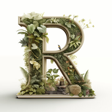 Photo realistic, Capital san serif R, Shadowbox 3D dimensional, gardening inside letter , white background 