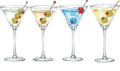 Martini glasses with colorful cocktails, olives and cherries garnish, elegant drink presentation, vibrant alcohol mix, bar party celebration concept